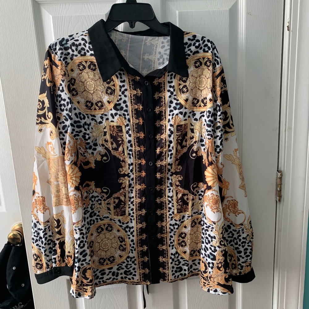Plus Tribal Button Front Tie Neck Blouse